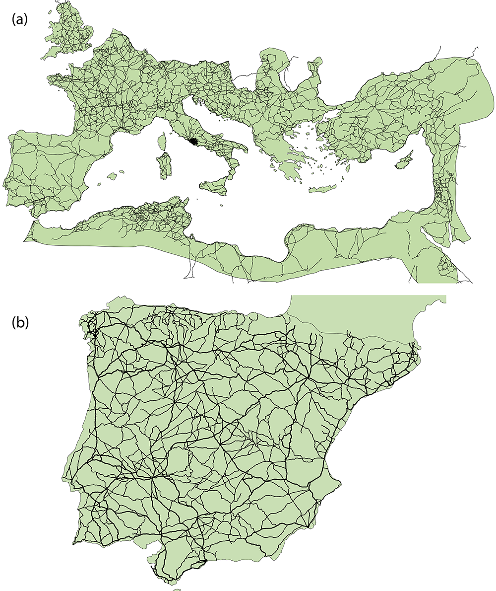 data sets used for our case studies on the road networks of (a) the Roman Empire as a whole (source: Ancient World Mapping Centre 2012), and (b) a highly-detailed representation of the Roman road network on the Iberian Peninsula (de Soto and Carreras 2021).