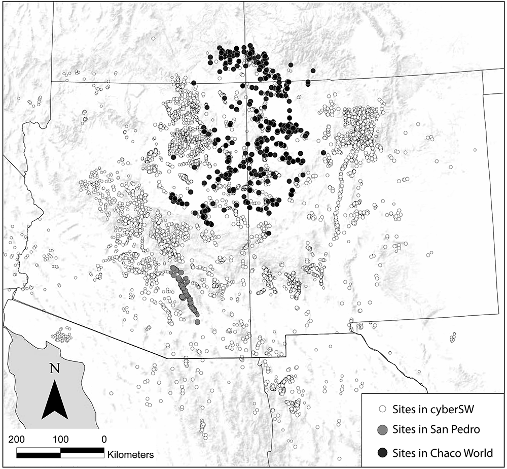 Map of the cyberSW project study area showing all sites in the database with the San Pedro and Chaco World subsets of the database shaded.