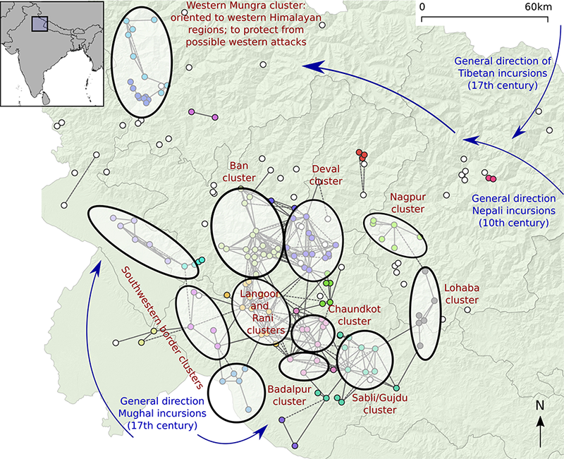 The 193 strongholds (nodes) connected by lines-of-sight up to 25km in length (at which distance large fire and smoke signals would have been visible). Node colours represent communities of nodes identified through the Louvain modularity method (see section 4.4.6) only for lines-of-sight up to 15km (see Rawat et al. 2021).