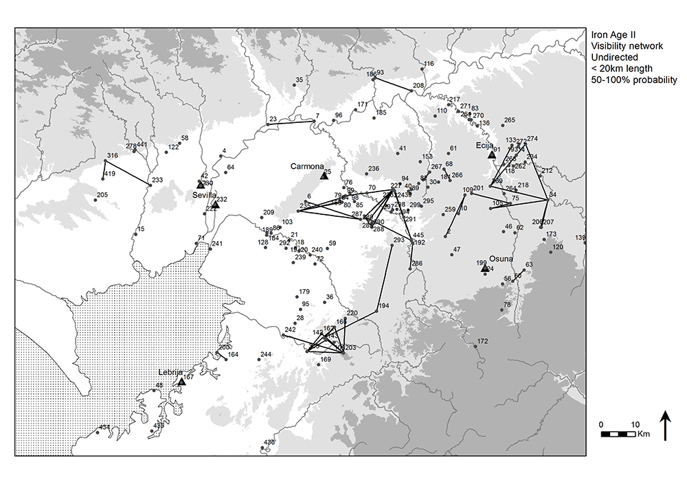 The lower Guadalquivir river valley with the 86 Iberian (Iron Age II) sites used in the case study. Note the clustering of sites around the rivers. Lines-of-sight with >50% probability shown. (Source: Brughmans et al. 2014:Fig. 6b.)